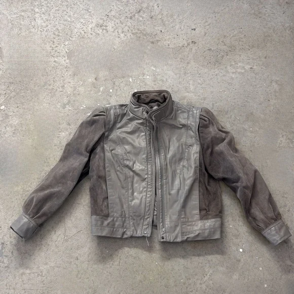 Gray Leather Jacket with Stand-Up Collar and Full-Length Zipper - Picture 2 of 11